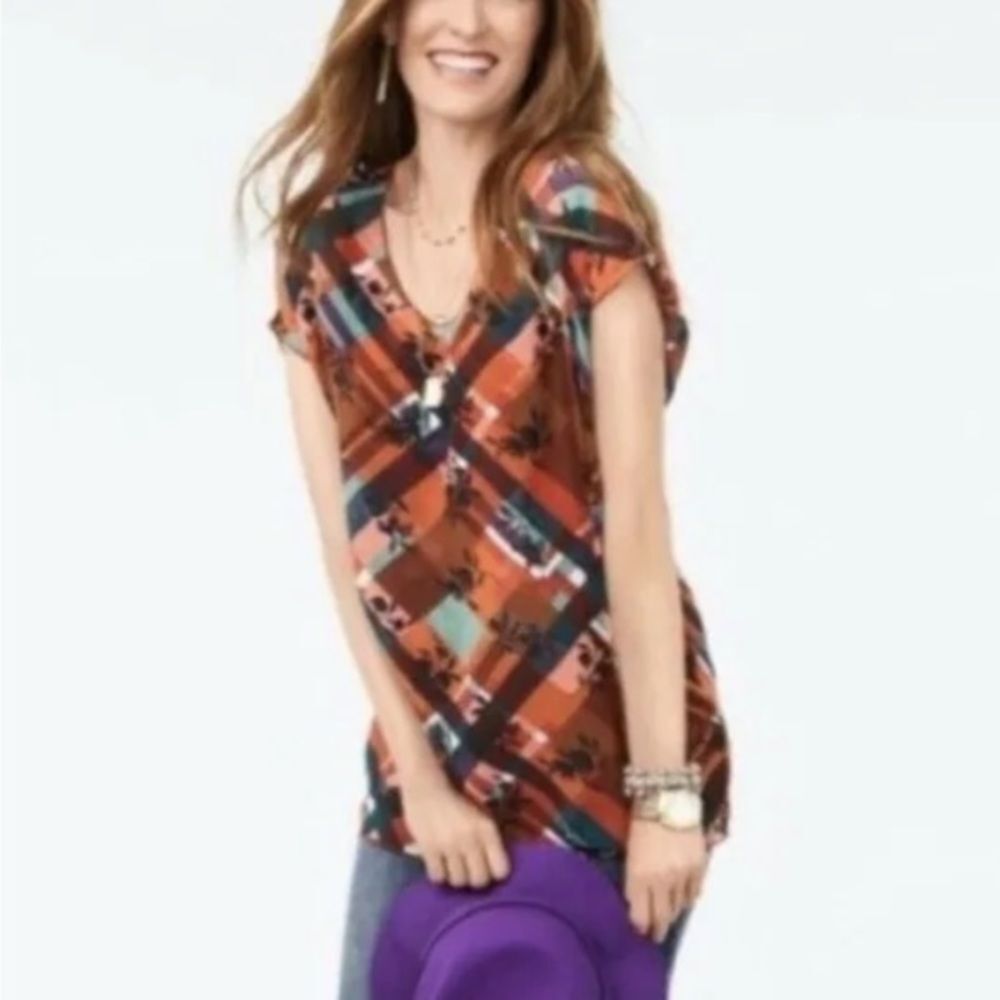 Cabi #3773 Plaid Floral Sheer Top & Lined Tank Set Multicolor Size Small